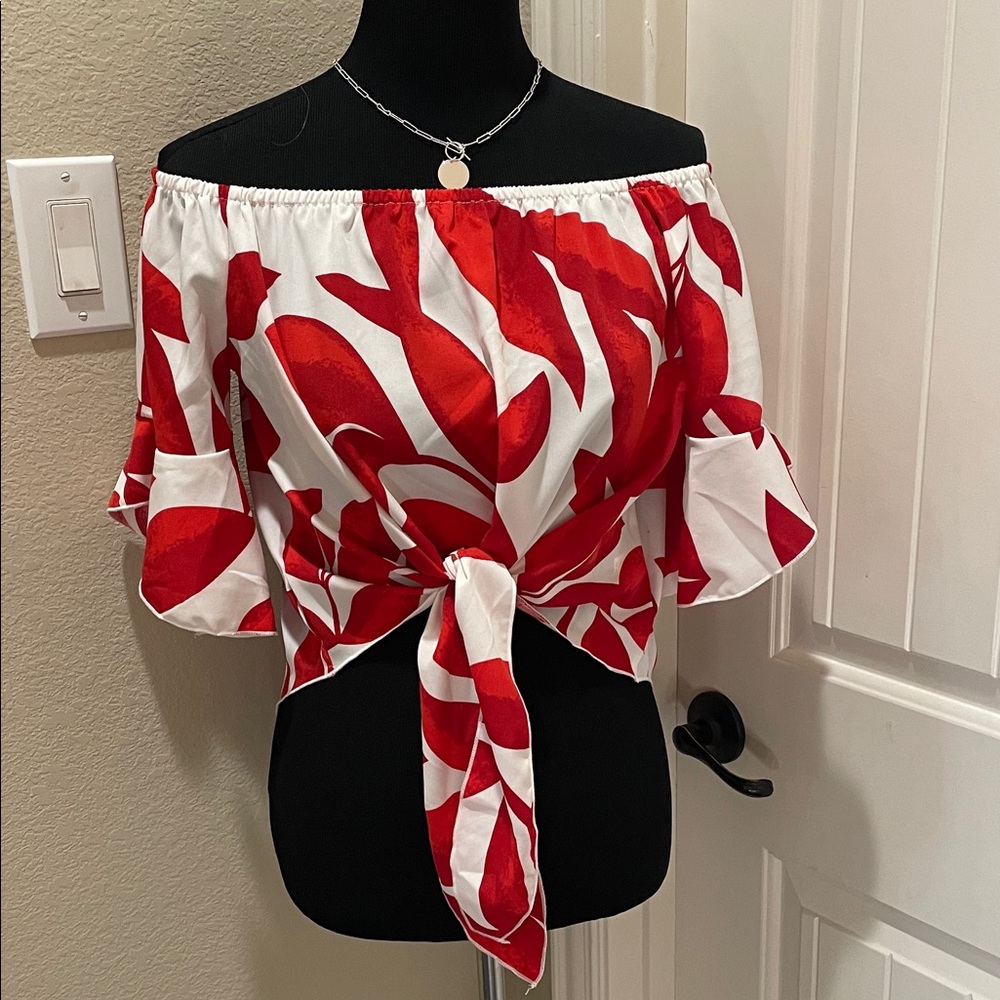 Off-Shoulder Red & White Tie-Front Women's Top